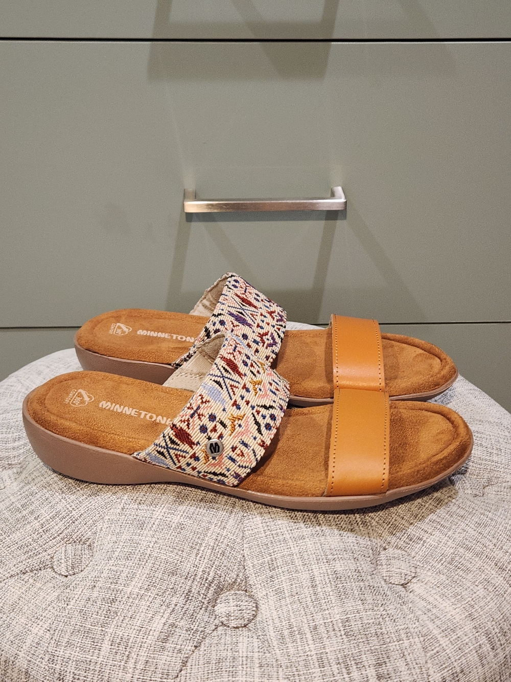 Minnetonka Tan & Multicolor Woven Slide Sandals